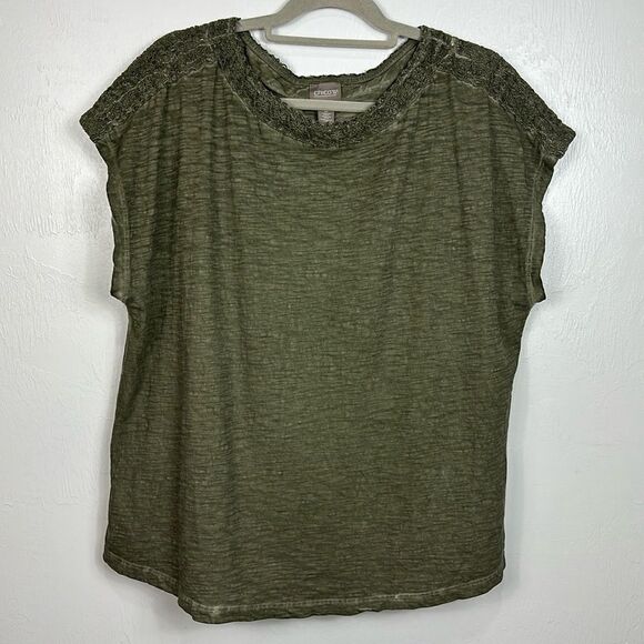 Chico’s Green Cotton Textured Trim Short Sleeve T-shirt Size XL - Picture 1 of 8